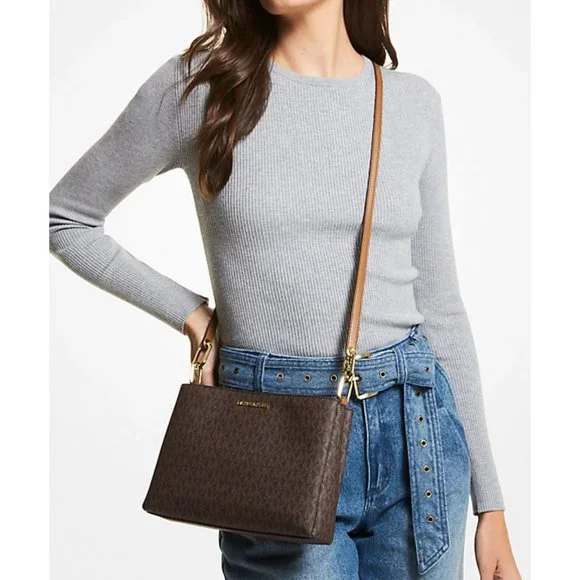 MICHAEL Michael Kors Trisha Medium Logo Crossbody Bag BROWN - Picture 3 of 9